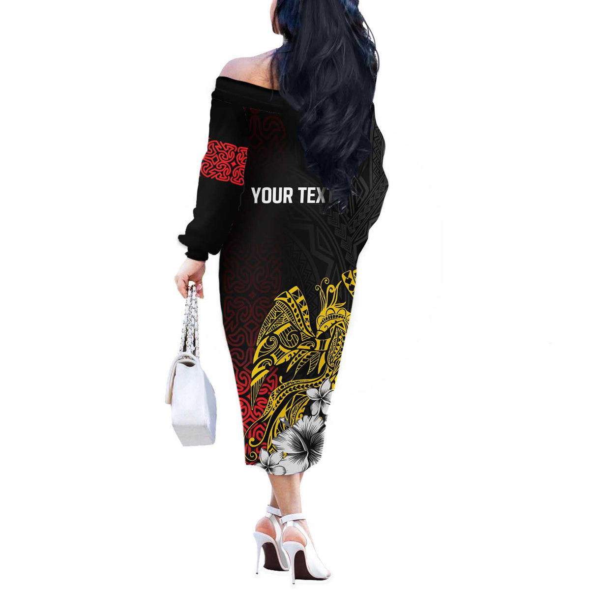 Personalized Papua New Guinea 50th Independence Anniversary Off The Shoulder Long Sleeve Dress Oro Tapa Mix Plumeria