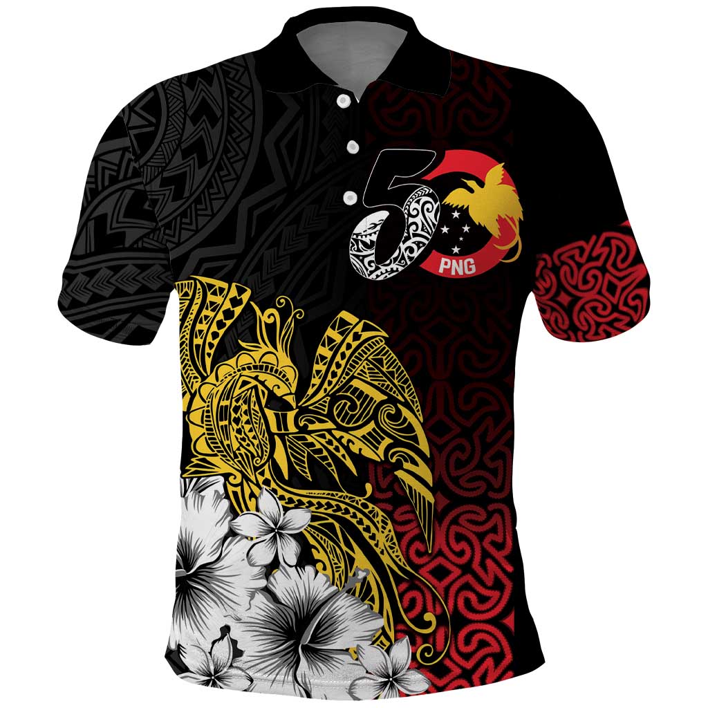 Personalized Papua New Guinea 50th Independence Anniversary Polo Shirt Oro Tapa Mix Plumeria LT7 Black - Polynesian Pride