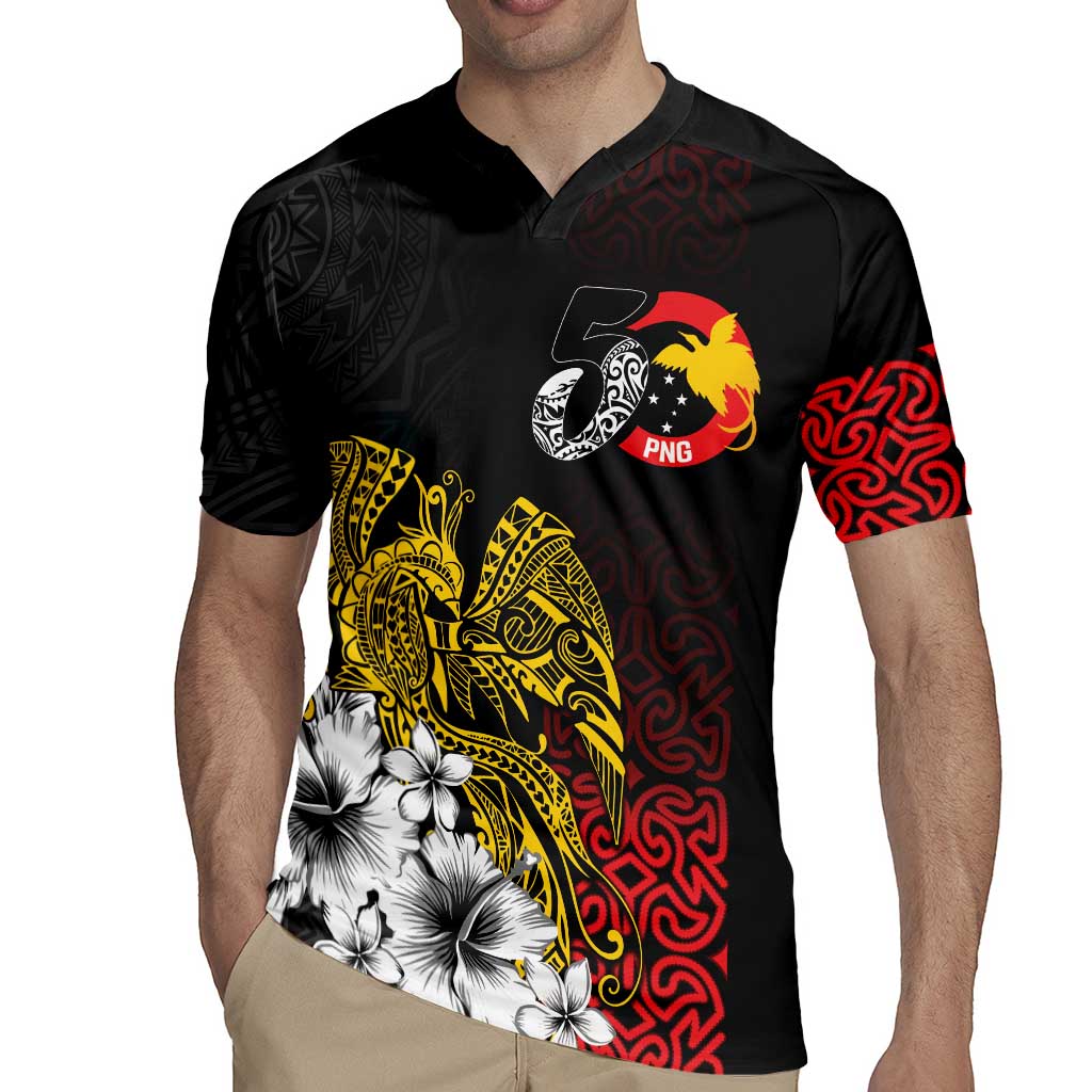 Personalized Papua New Guinea 50th Independence Anniversary Rugby Jersey Oro Tapa Mix Plumeria
