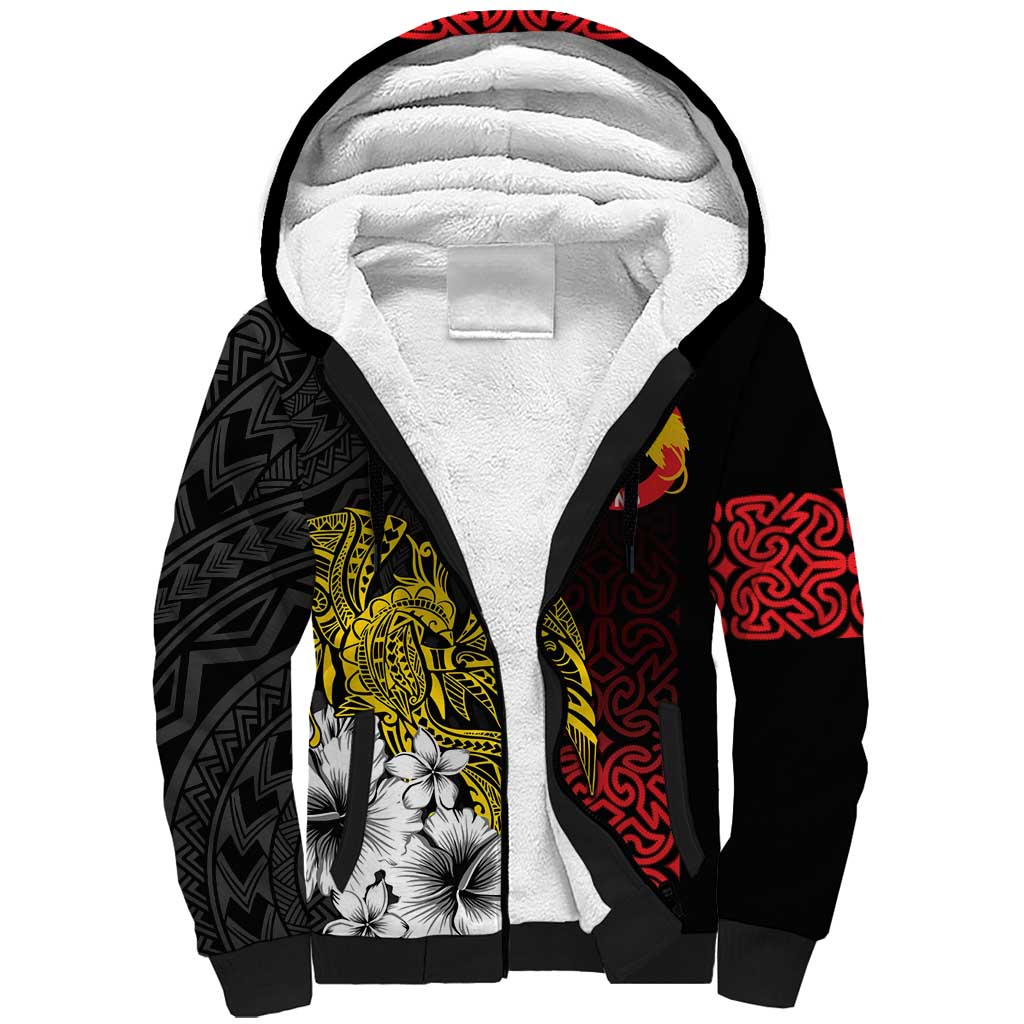 Personalized Papua New Guinea 50th Independence Anniversary Sherpa Hoodie Oro Tapa Mix Plumeria