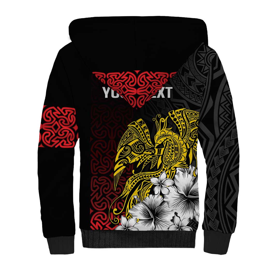 Personalized Papua New Guinea 50th Independence Anniversary Sherpa Hoodie Oro Tapa Mix Plumeria