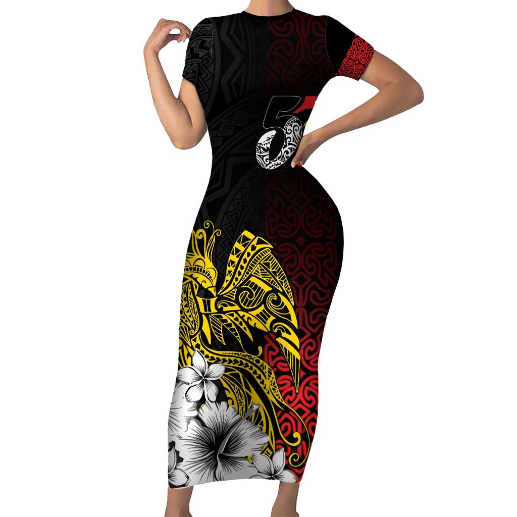 Personalized Papua New Guinea 50th Independence Anniversary Short Sleeve Bodycon Dress Oro Tapa Mix Plumeria