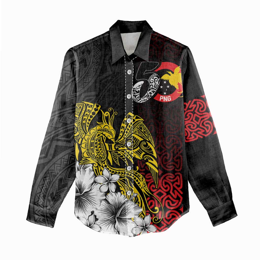 Personalized Papua New Guinea 50th Independence Anniversary Women Casual Shirt Oro Tapa Mix Plumeria