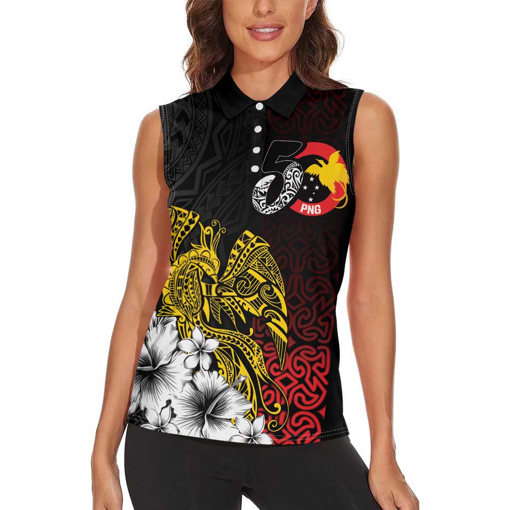 Personalized Papua New Guinea 50th Independence Anniversary Women Sleeveless Polo Shirt Oro Tapa Mix Plumeria