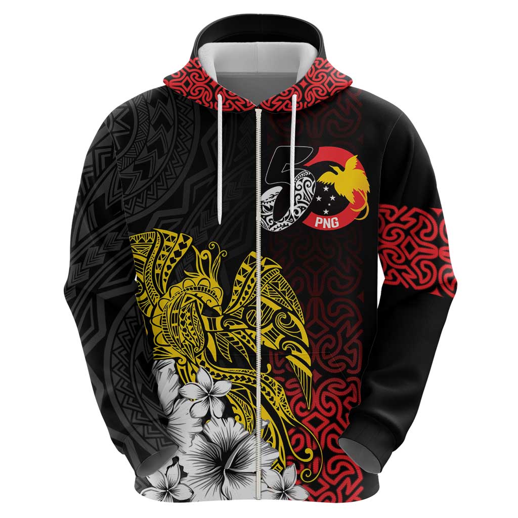 Personalized Papua New Guinea 50th Independence Anniversary Zip Hoodie Oro Tapa Mix Plumeria