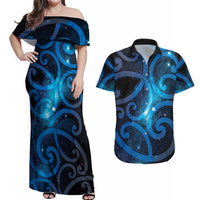New Zealand Maori Matariki Couples Matching Off Shoulder Maxi Dress and Hawaiian Shirt Galaxy Kowhaiwhai LT7 Galaxy - Polynesian Pride