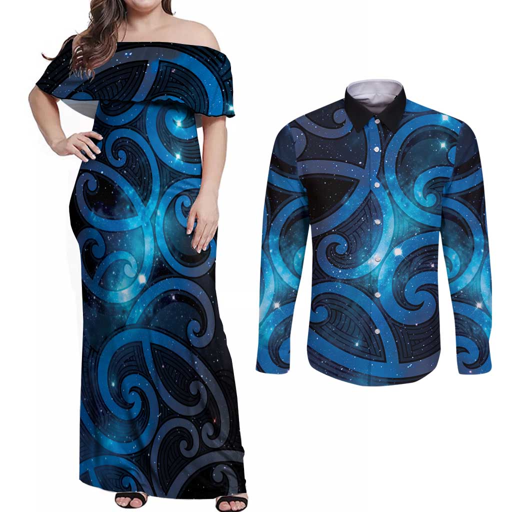 New Zealand Maori Matariki Couples Matching Off Shoulder Maxi Dress and Long Sleeve Button Shirt Galaxy Kowhaiwhai LT7 Galaxy - Polynesian Pride