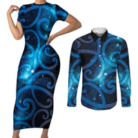 New Zealand Maori Matariki Couples Matching Short Sleeve Bodycon Dress and Long Sleeve Button Shirt Galaxy Kowhaiwhai LT7 Galaxy - Polynesian Pride
