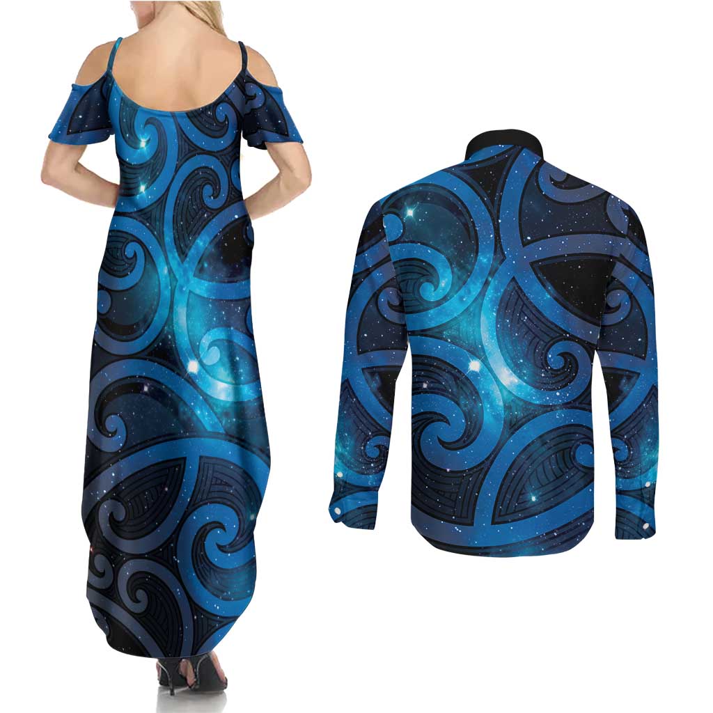 New Zealand Maori Matariki Couples Matching Summer Maxi Dress and Long Sleeve Button Shirt Galaxy Kowhaiwhai LT7 - Polynesian Pride