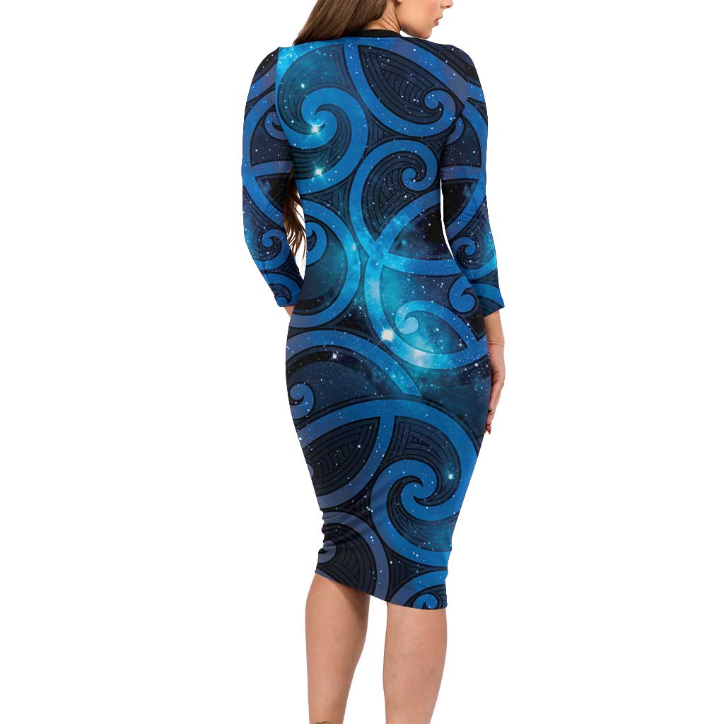 New Zealand Maori Matariki Family Matching Long Sleeve Bodycon Dress and Hawaiian Shirt Galaxy Kowhaiwhai LT7 - Polynesian Pride