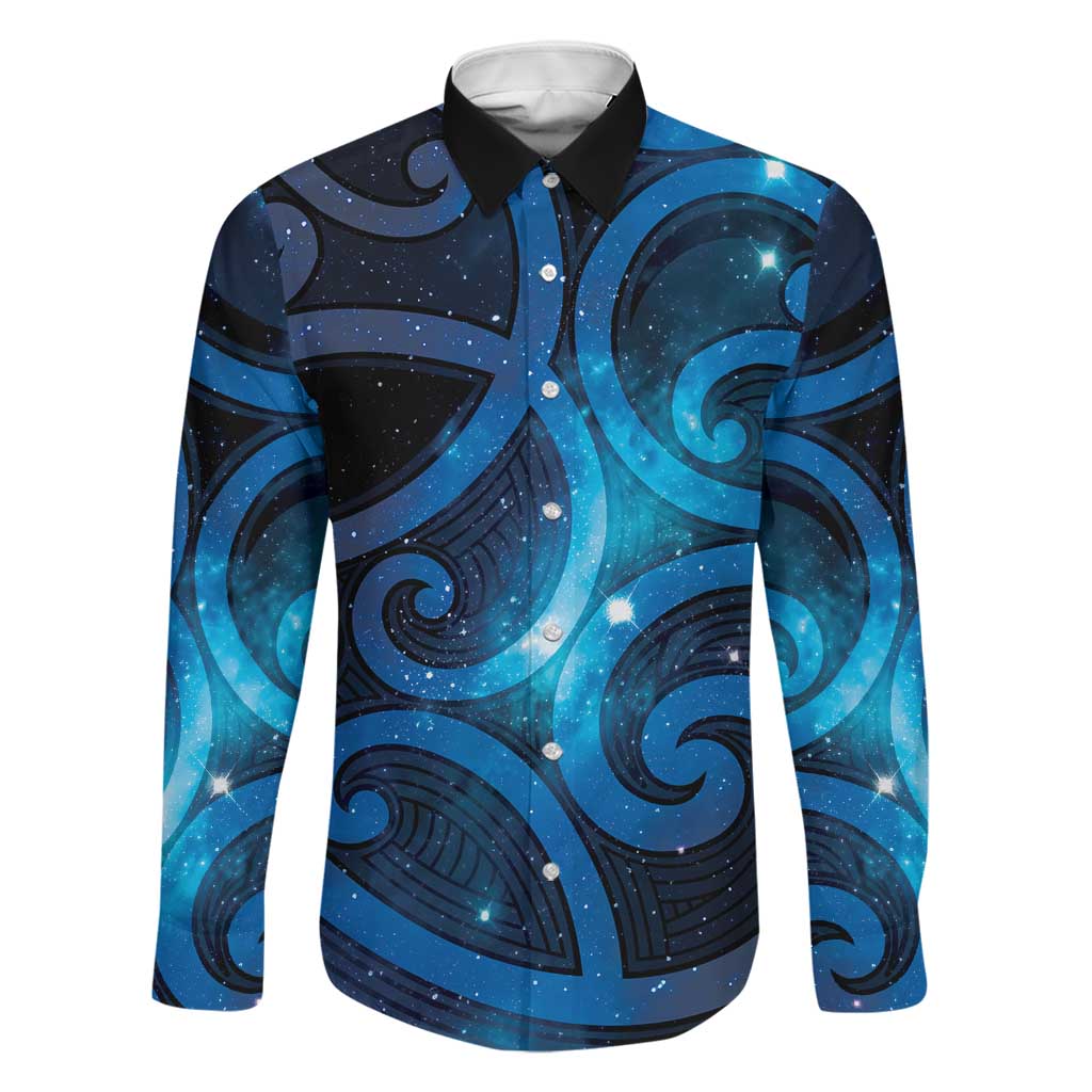 New Zealand Maori Matariki Family Matching Off Shoulder Maxi Dress and Hawaiian Shirt Galaxy Kowhaiwhai LT7 Dad's Shirt - Long Sleeve Galaxy - Polynesian Pride