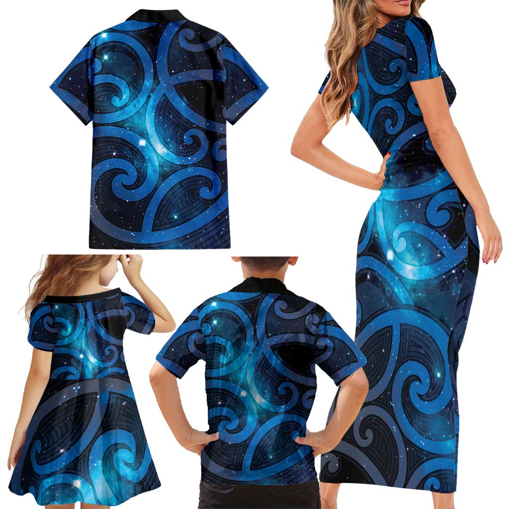 New Zealand Maori Matariki Family Matching Short Sleeve Bodycon Dress and Hawaiian Shirt Galaxy Kowhaiwhai LT7 - Polynesian Pride