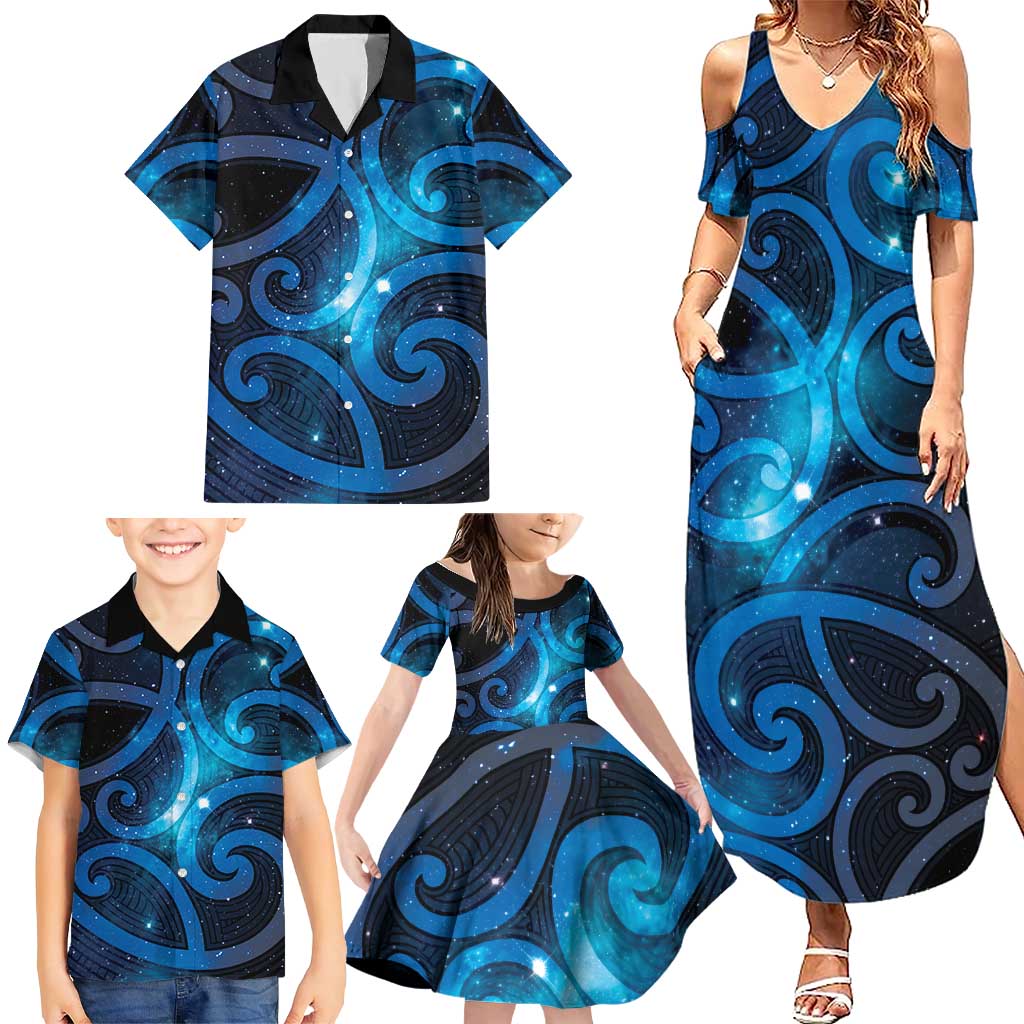 New Zealand Maori Matariki Family Matching Summer Maxi Dress and Hawaiian Shirt Galaxy Kowhaiwhai LT7 - Polynesian Pride