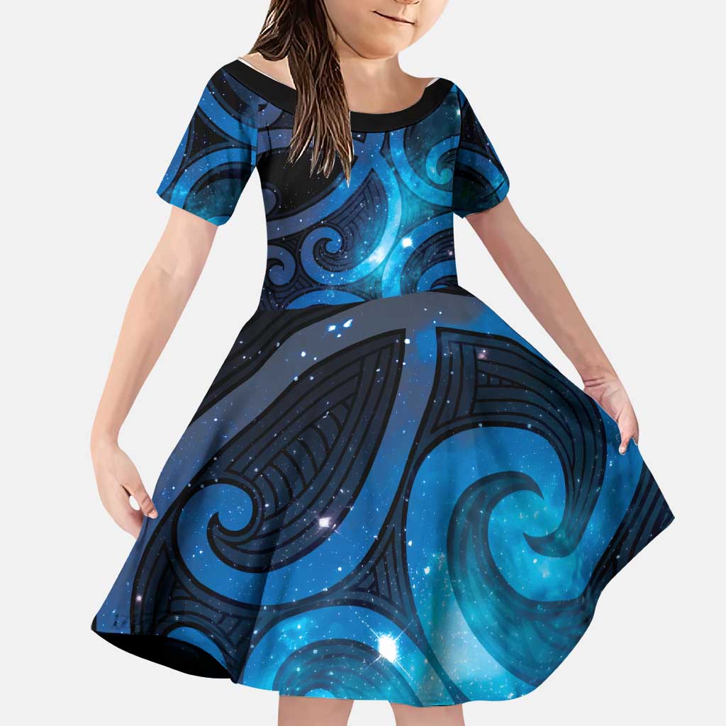 New Zealand Maori Matariki Family Matching Tank Maxi Dress and Hawaiian Shirt Galaxy Kowhaiwhai LT7 Daughter's Dress Galaxy - Polynesian Pride