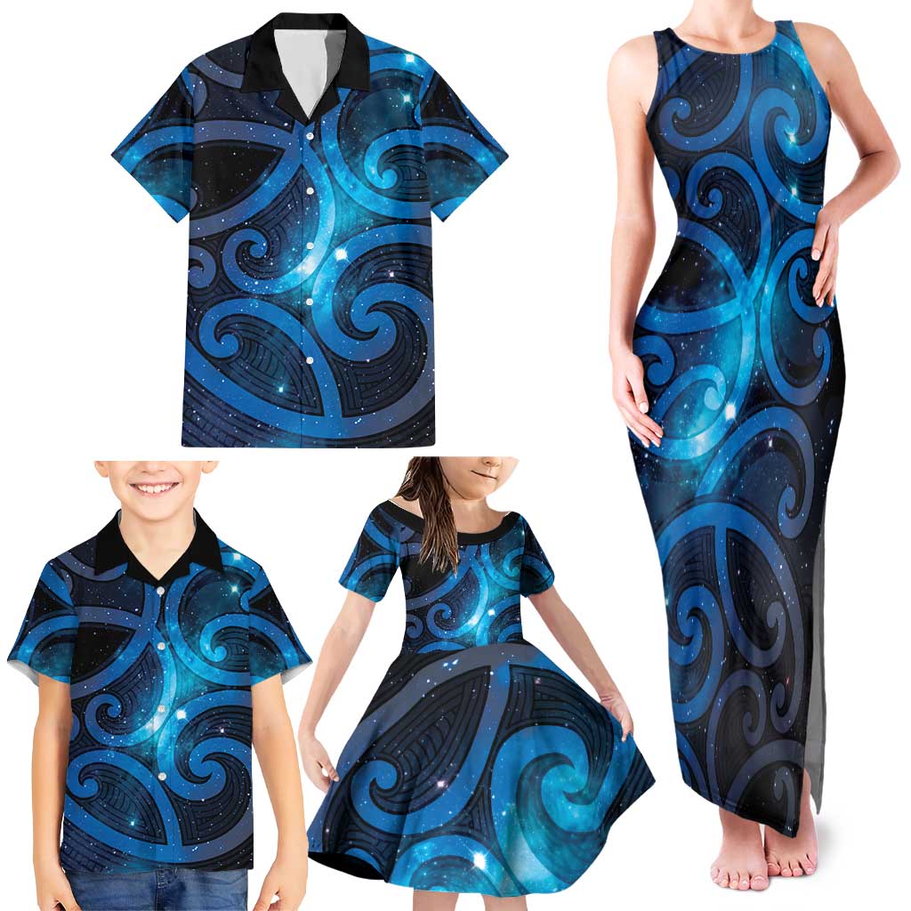 New Zealand Maori Matariki Family Matching Tank Maxi Dress and Hawaiian Shirt Galaxy Kowhaiwhai LT7 - Polynesian Pride