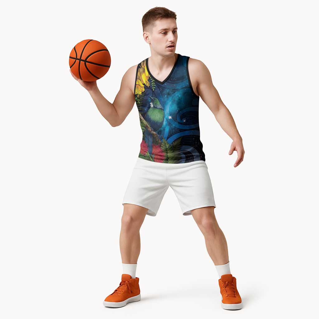 Tui Bird New Zealand Starry Sky Basketball Jersey Maori Koru