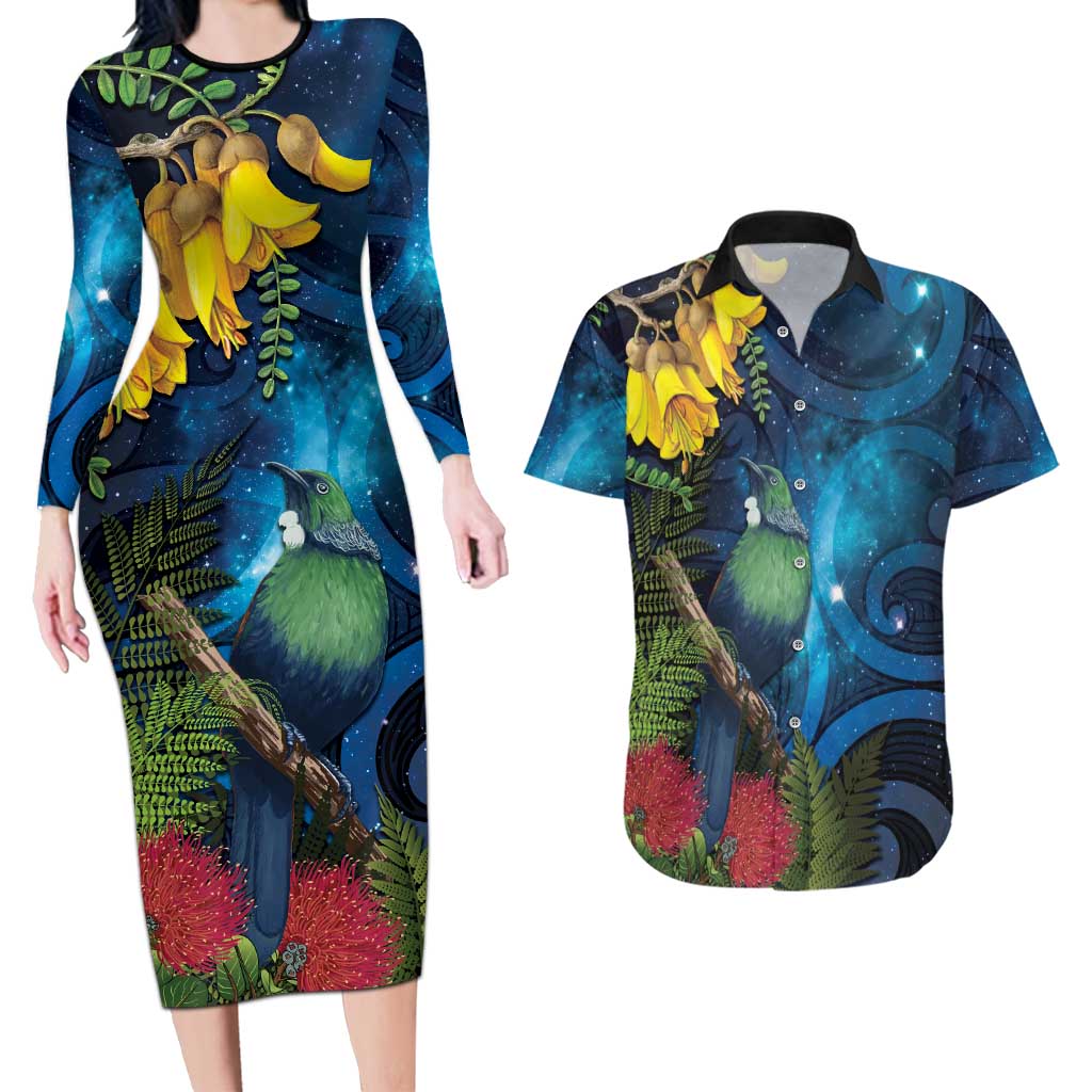 Tui Bird New Zealand Starry Sky Couples Matching Long Sleeve Bodycon Dress and Hawaiian Shirt Maori Koru LT7 Galaxy - Polynesian Pride