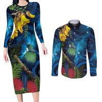 Tui Bird New Zealand Starry Sky Couples Matching Long Sleeve Bodycon Dress and Long Sleeve Button Shirt Maori Koru LT7 Galaxy - Polynesian Pride