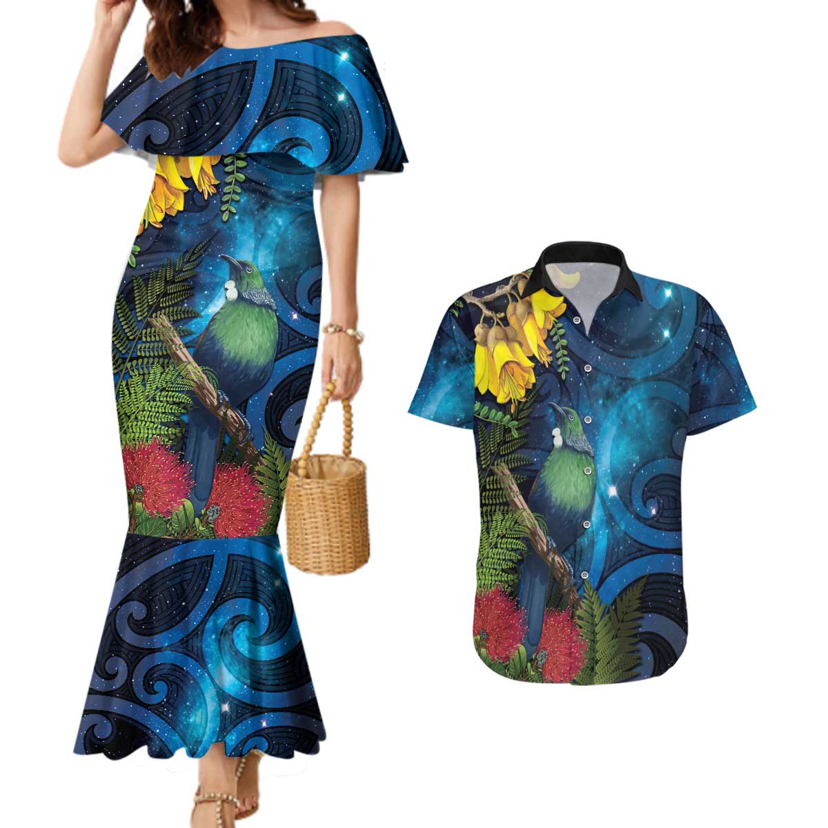 Tui Bird New Zealand Starry Sky Couples Matching Mermaid Dress and Hawaiian Shirt Maori Koru LT7 Galaxy - Polynesian Pride