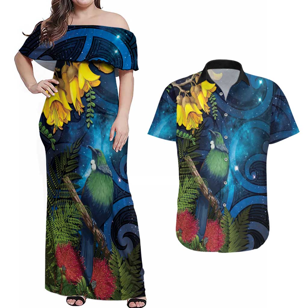 Tui Bird New Zealand Starry Sky Couples Matching Off Shoulder Maxi Dress and Hawaiian Shirt Maori Koru