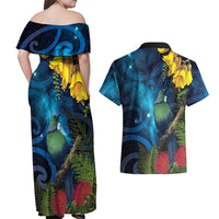 Tui Bird New Zealand Starry Sky Couples Matching Off Shoulder Maxi Dress and Hawaiian Shirt Maori Koru LT7 - Polynesian Pride