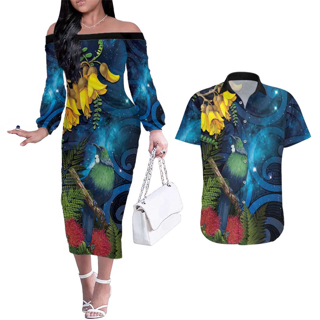 Tui Bird New Zealand Starry Sky Couples Matching Off The Shoulder Long Sleeve Dress and Hawaiian Shirt Maori Koru LT7 Galaxy - Polynesian Pride