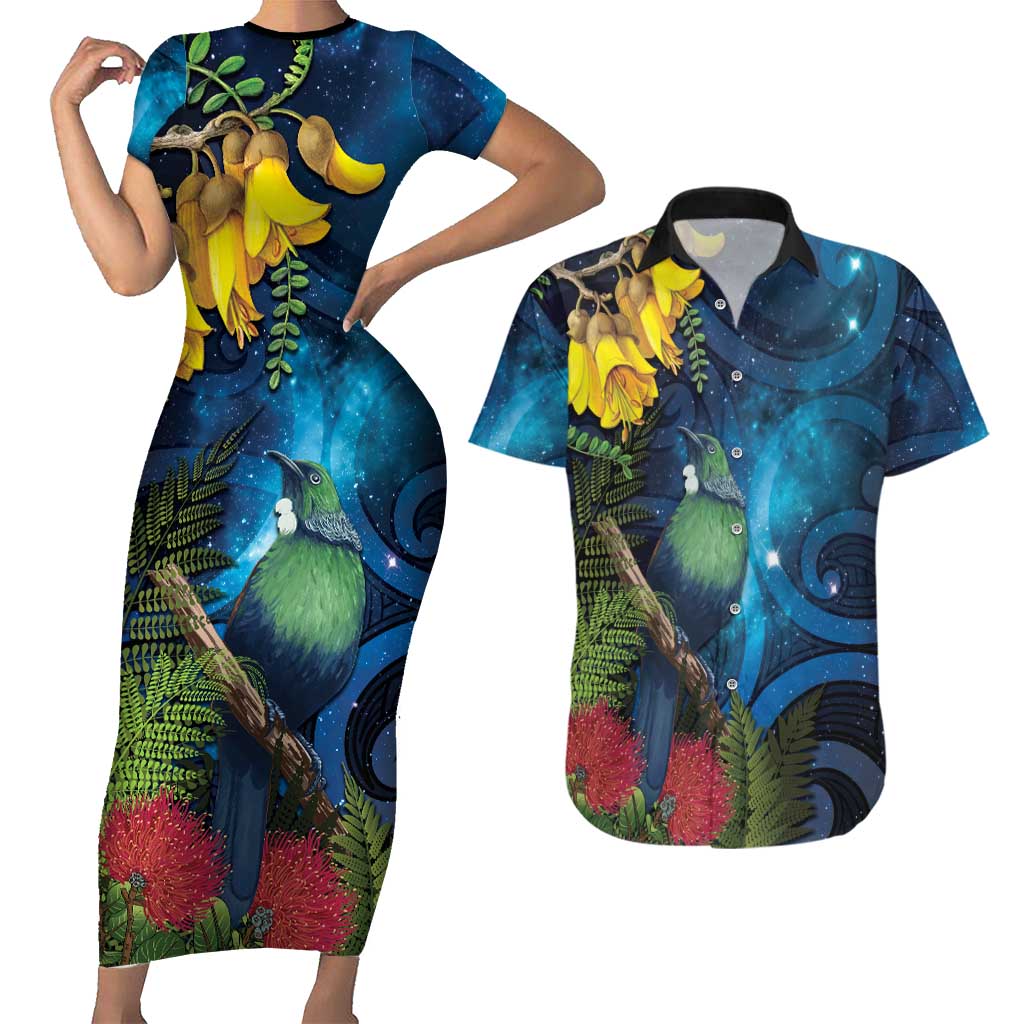 Tui Bird New Zealand Starry Sky Couples Matching Short Sleeve Bodycon Dress and Hawaiian Shirt Maori Koru LT7 Galaxy - Polynesian Pride