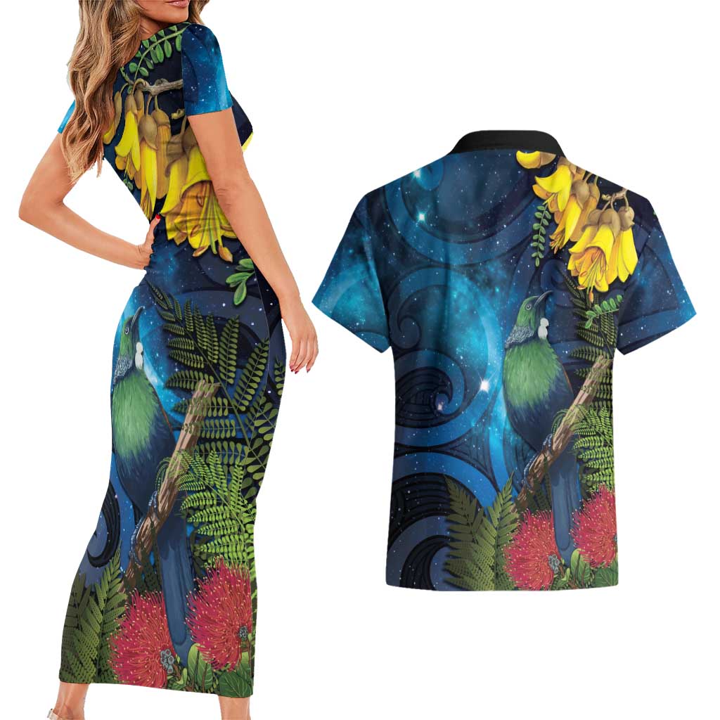 Tui Bird New Zealand Starry Sky Couples Matching Short Sleeve Bodycon Dress and Hawaiian Shirt Maori Koru LT7 - Polynesian Pride