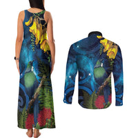 Tui Bird New Zealand Starry Sky Couples Matching Tank Maxi Dress and Long Sleeve Button Shirt Maori Koru LT7 - Polynesian Pride
