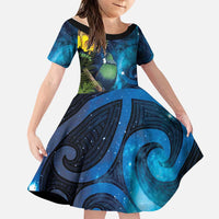 Tui Bird New Zealand Starry Sky Family Matching Long Sleeve Bodycon Dress and Hawaiian Shirt Maori Koru LT7 Daughter's Dress Galaxy - Polynesian Pride