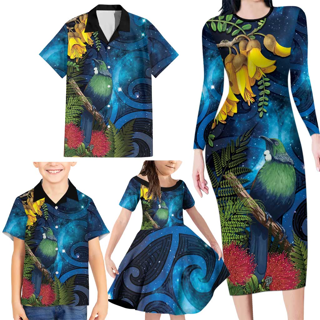Tui Bird New Zealand Starry Sky Family Matching Long Sleeve Bodycon Dress and Hawaiian Shirt Maori Koru LT7 - Polynesian Pride