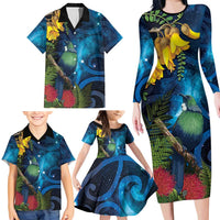 Tui Bird New Zealand Starry Sky Family Matching Long Sleeve Bodycon Dress and Hawaiian Shirt Maori Koru LT7 - Polynesian Pride