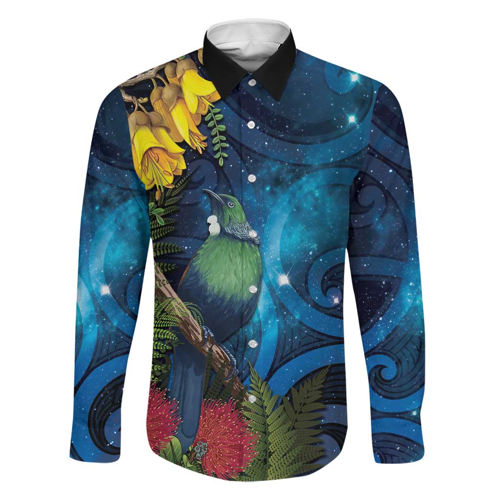 Tui Bird New Zealand Starry Sky Family Matching Mermaid Dress and Hawaiian Shirt Maori Koru LT7 Dad's Shirt - Long Sleeve Galaxy - Polynesian Pride