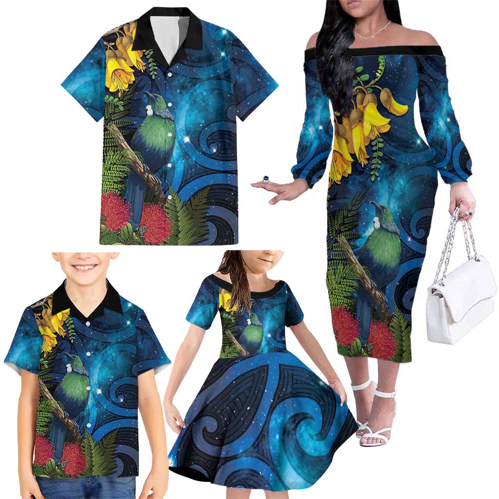 Tui Bird New Zealand Starry Sky Family Matching Off The Shoulder Long Sleeve Dress and Hawaiian Shirt Maori Koru LT7 - Polynesian Pride