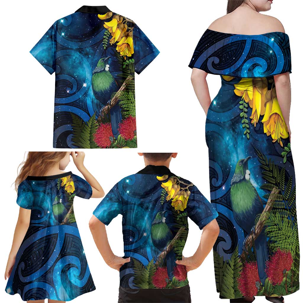 Tui Bird New Zealand Starry Sky Family Matching Off Shoulder Maxi Dress and Hawaiian Shirt Maori Koru LT7 - Polynesian Pride