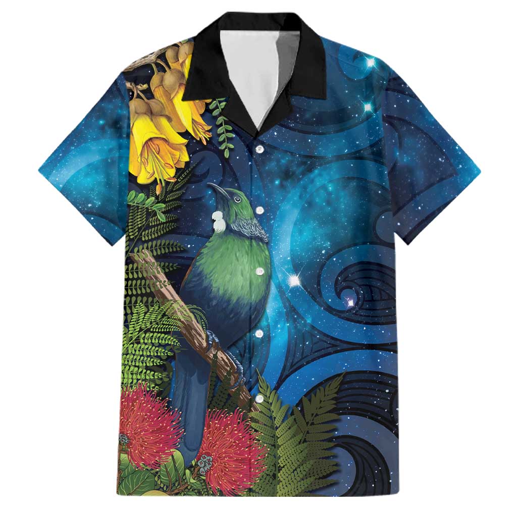 Tui Bird New Zealand Starry Sky Family Matching Off Shoulder Maxi Dress and Hawaiian Shirt Maori Koru LT7 Dad's Shirt - Short Sleeve Galaxy - Polynesian Pride
