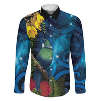 Tui Bird New Zealand Starry Sky Family Matching Off Shoulder Short Dress and Hawaiian Shirt Maori Koru LT7 Dad's Shirt - Long Sleeve Galaxy - Polynesian Pride