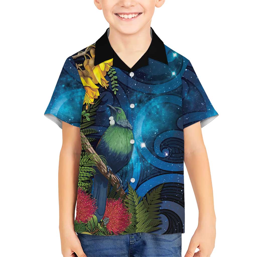 Tui Bird New Zealand Starry Sky Family Matching Off Shoulder Short Dress and Hawaiian Shirt Maori Koru LT7 Son's Shirt Galaxy - Polynesian Pride