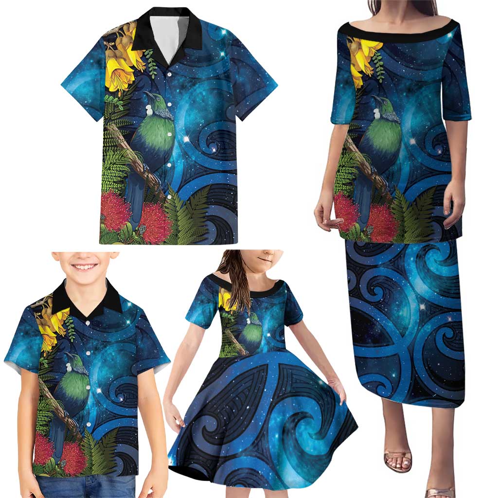 Tui Bird New Zealand Starry Sky Family Matching Puletasi and Hawaiian Shirt Maori Koru LT7 - Polynesian Pride