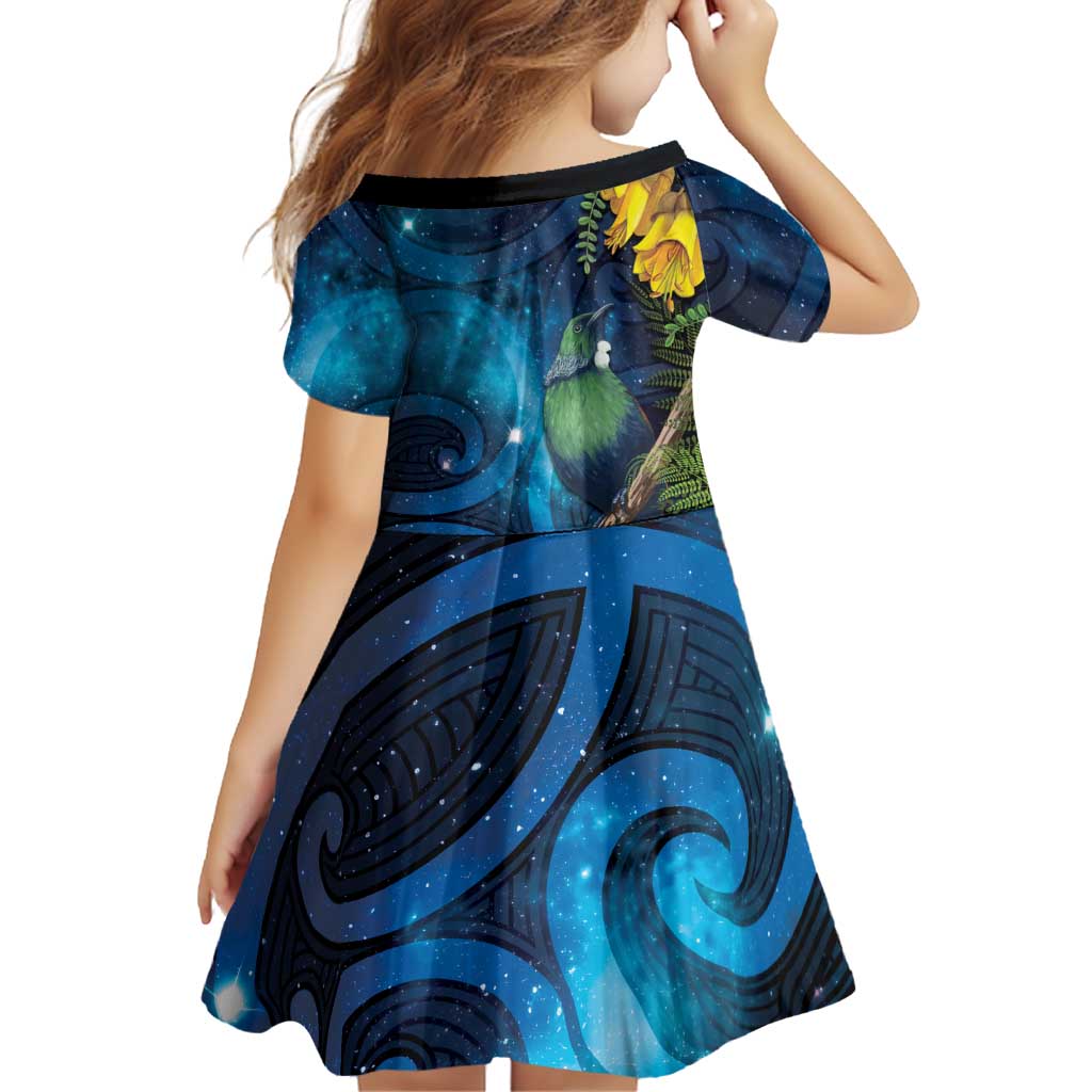 Tui Bird New Zealand Starry Sky Family Matching Short Sleeve Bodycon Dress and Hawaiian Shirt Maori Koru LT7 - Polynesian Pride