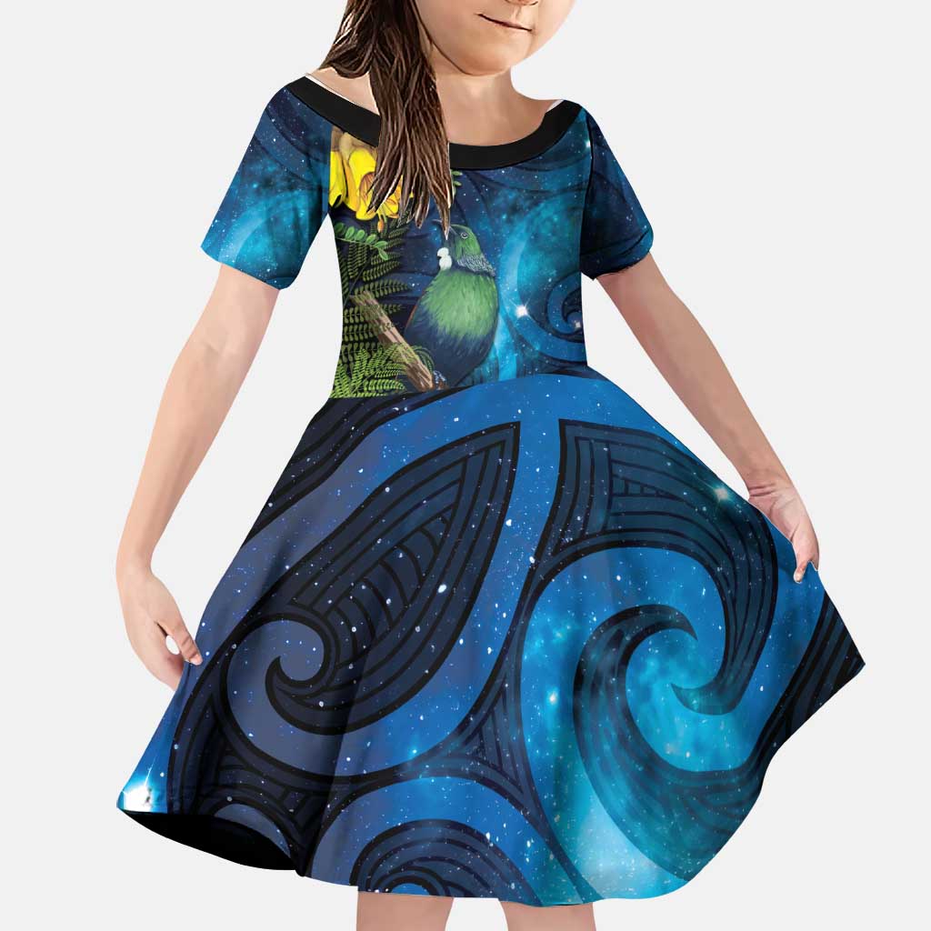 Tui Bird New Zealand Starry Sky Family Matching Summer Maxi Dress and Hawaiian Shirt Maori Koru LT7 Daughter's Dress Galaxy - Polynesian Pride