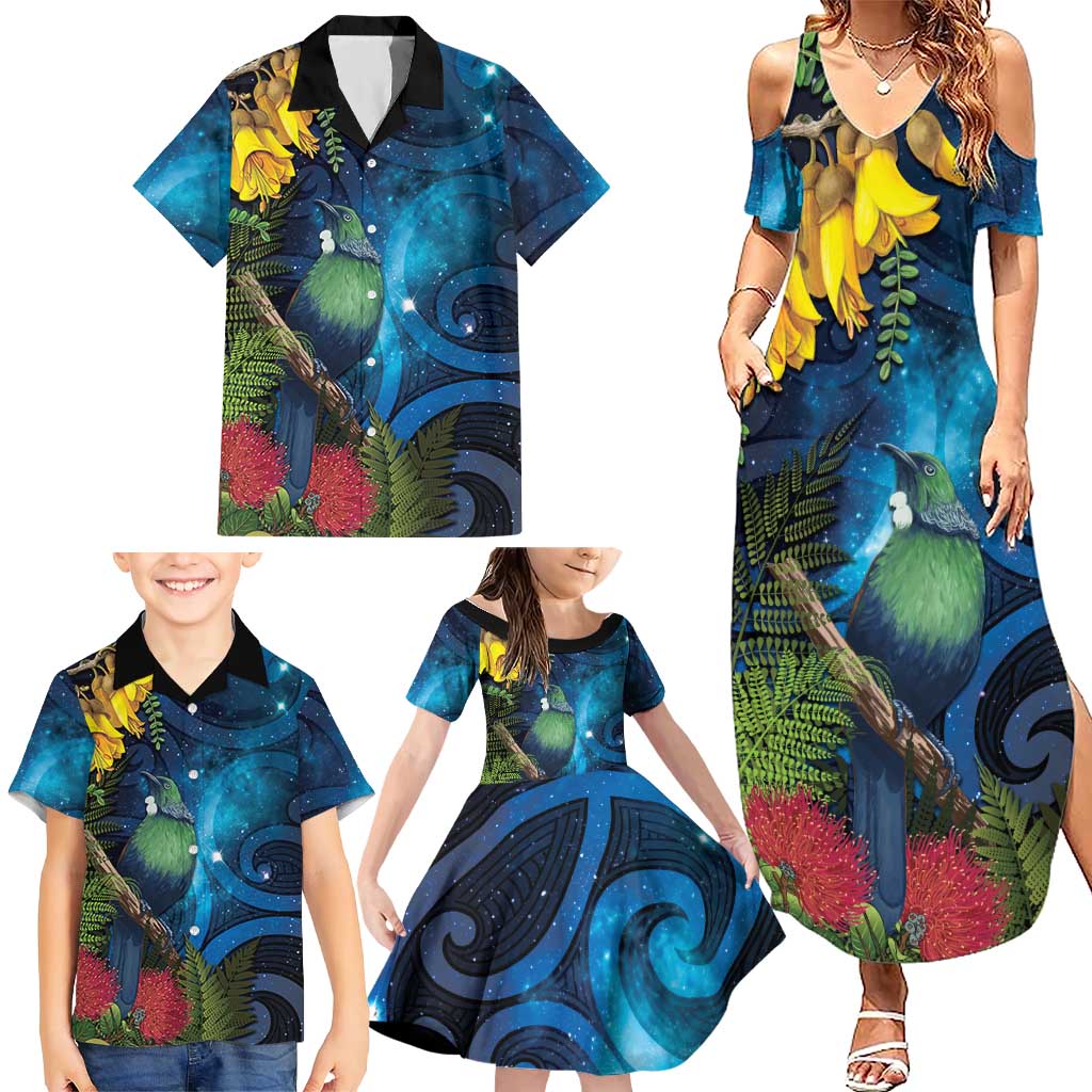 Tui Bird New Zealand Starry Sky Family Matching Summer Maxi Dress and Hawaiian Shirt Maori Koru LT7 - Polynesian Pride