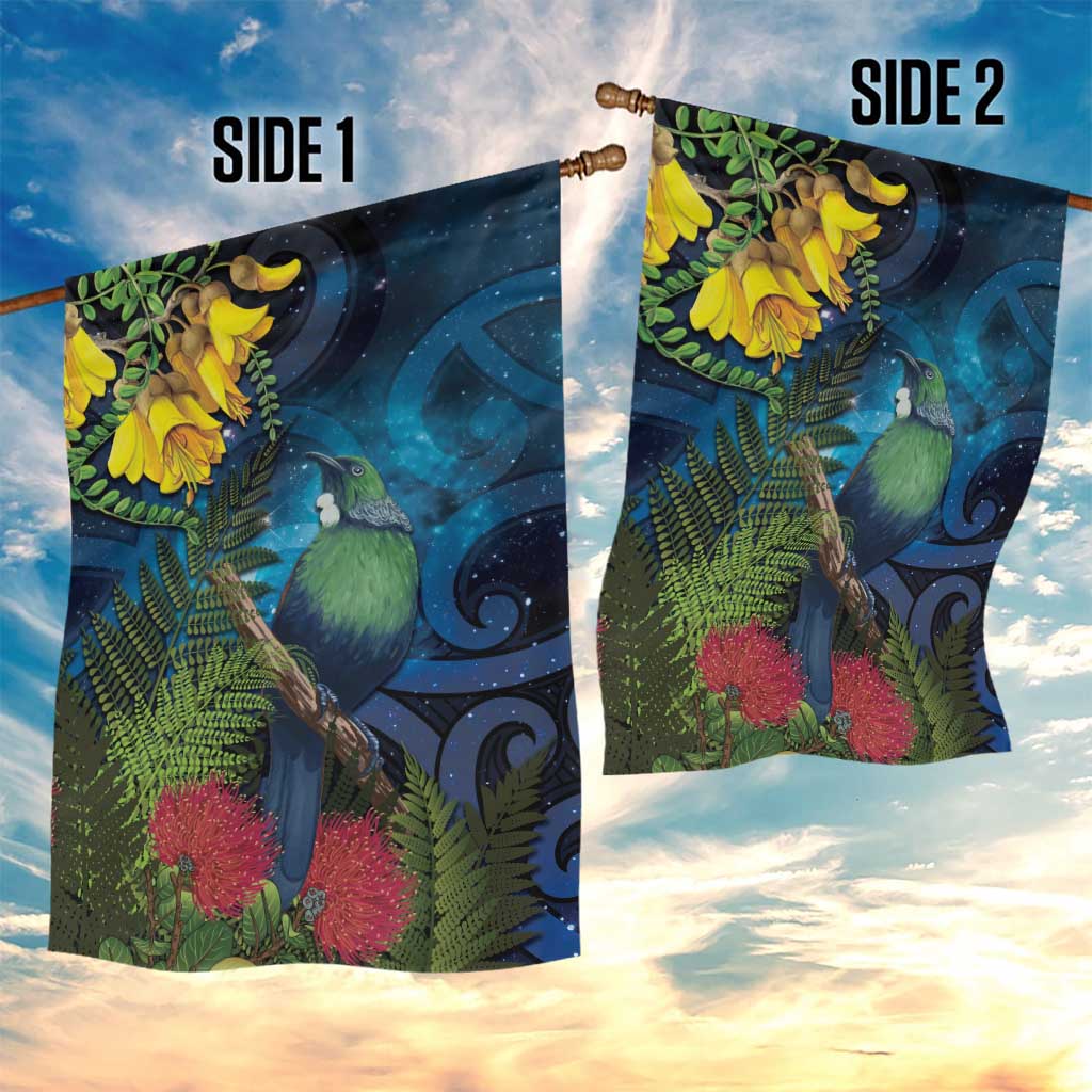 Tui Bird New Zealand Starry Sky Garden Flag Maori Koru