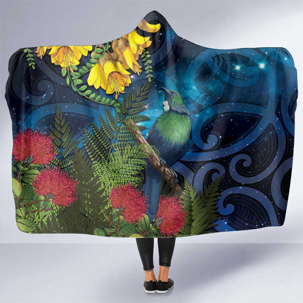 Tui Bird New Zealand Starry Sky Hooded Blanket Maori Koru