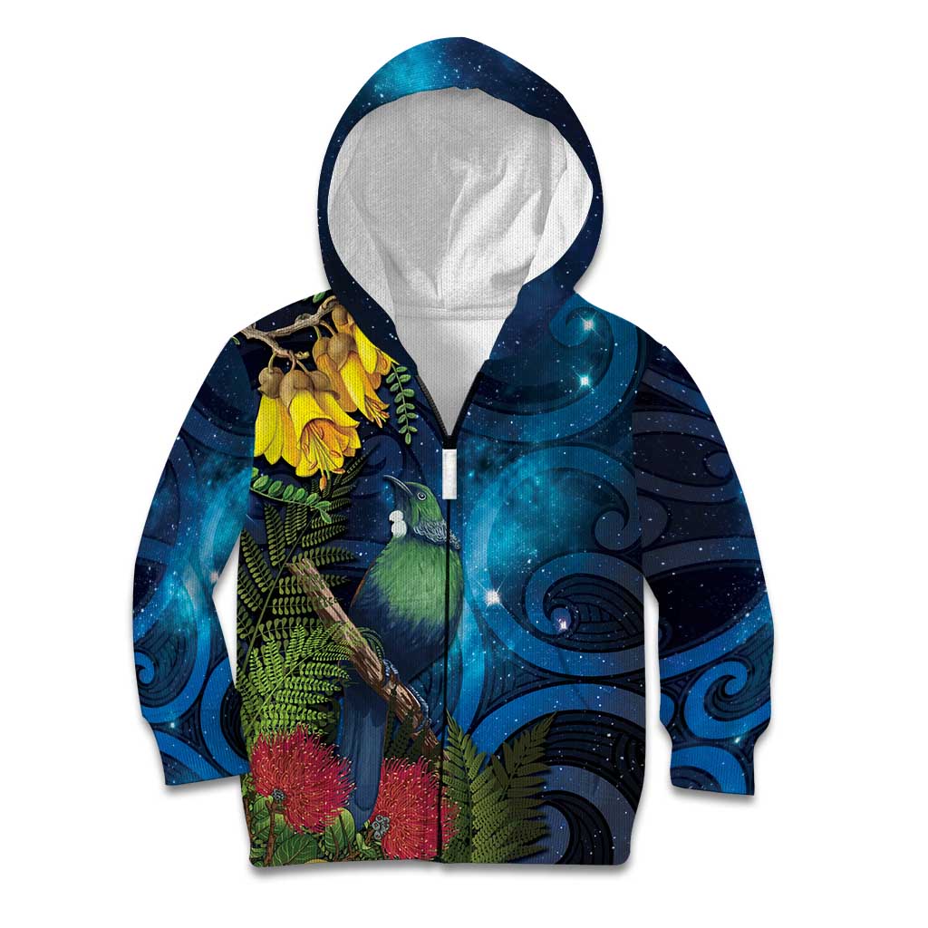 Tui Bird New Zealand Starry Sky Kid Hoodie Maori Koru