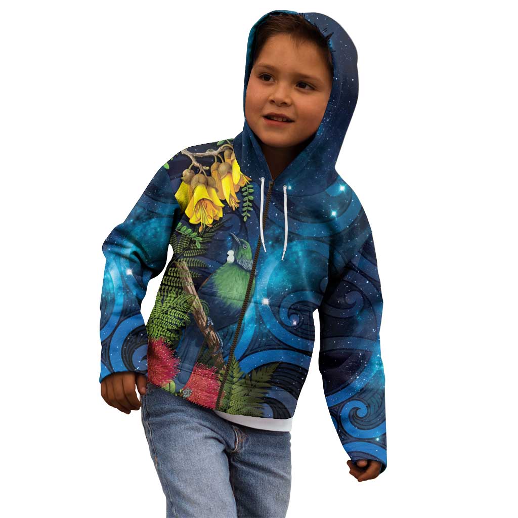 Tui Bird New Zealand Starry Sky Kid Hoodie Maori Koru