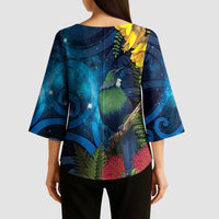 Tui Bird New Zealand Starry Sky Kimono Sleeve Blouse Maori Koru