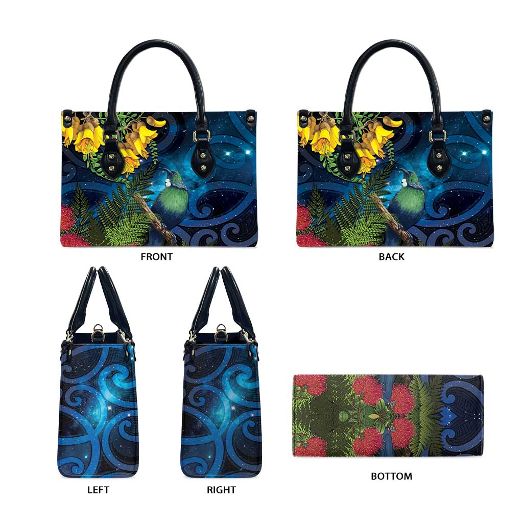 Tui Bird New Zealand Starry Sky Leather Bag Maori Koru