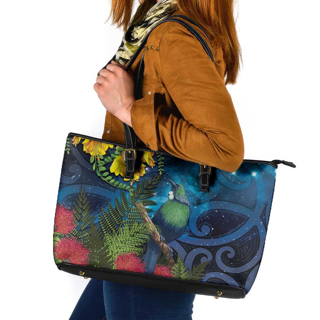 Tui Bird New Zealand Starry Sky Leather Tote Bag Maori Koru