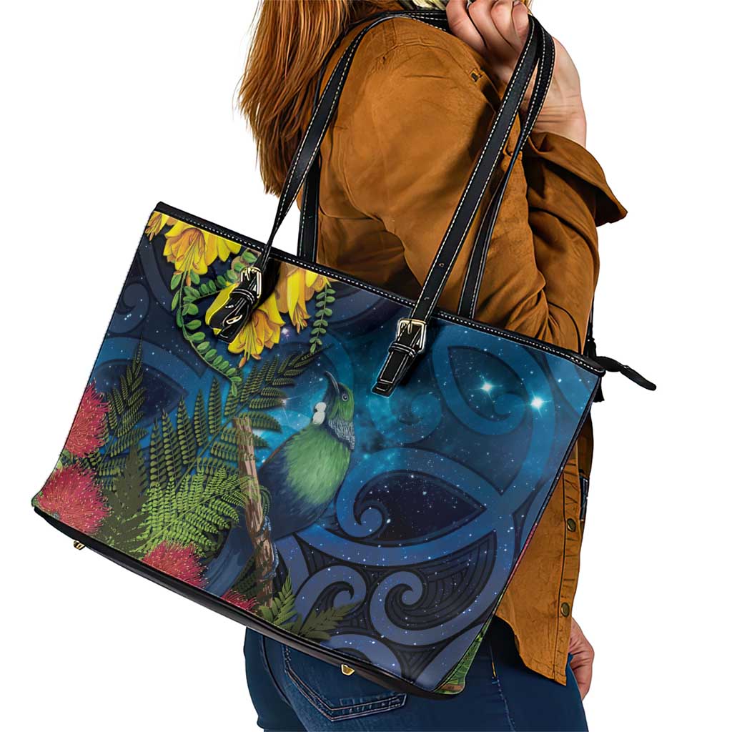 Tui Bird New Zealand Starry Sky Leather Tote Bag Maori Koru